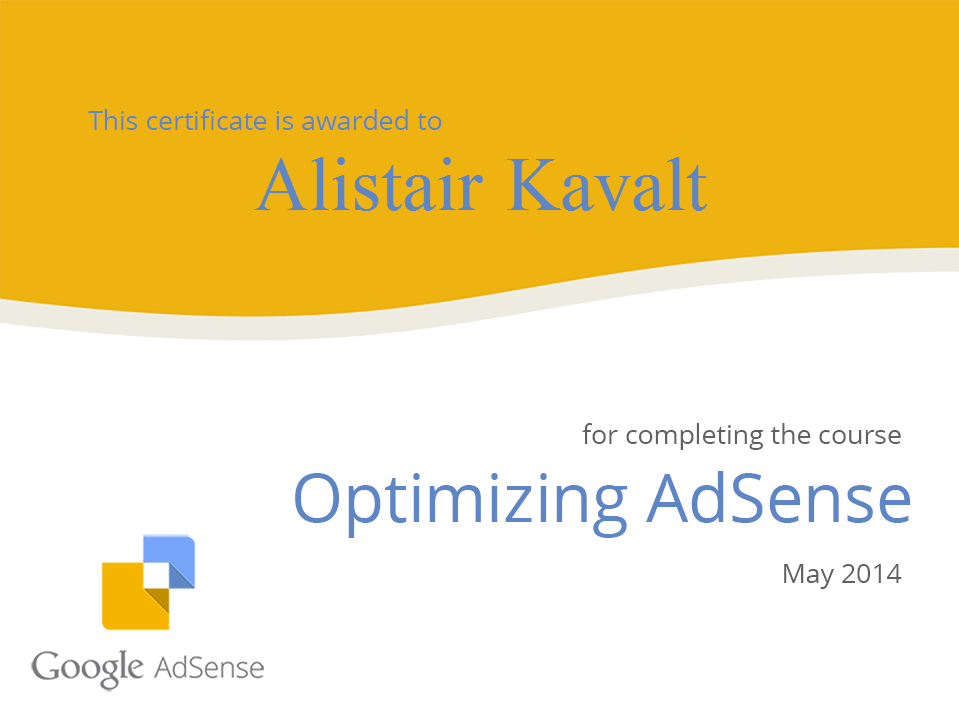 Adsense Certification for Alistair Kavalt